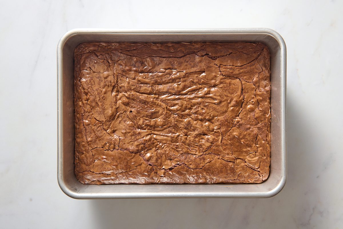 Brownies in a pan after being baked