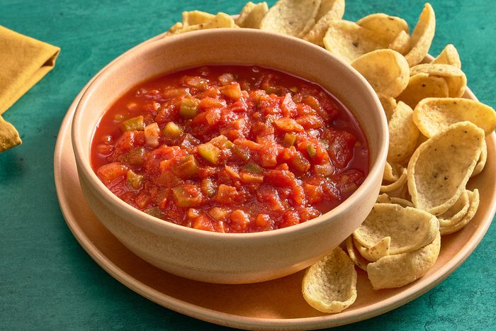 Closeup shot of chunky salsa in a bowl