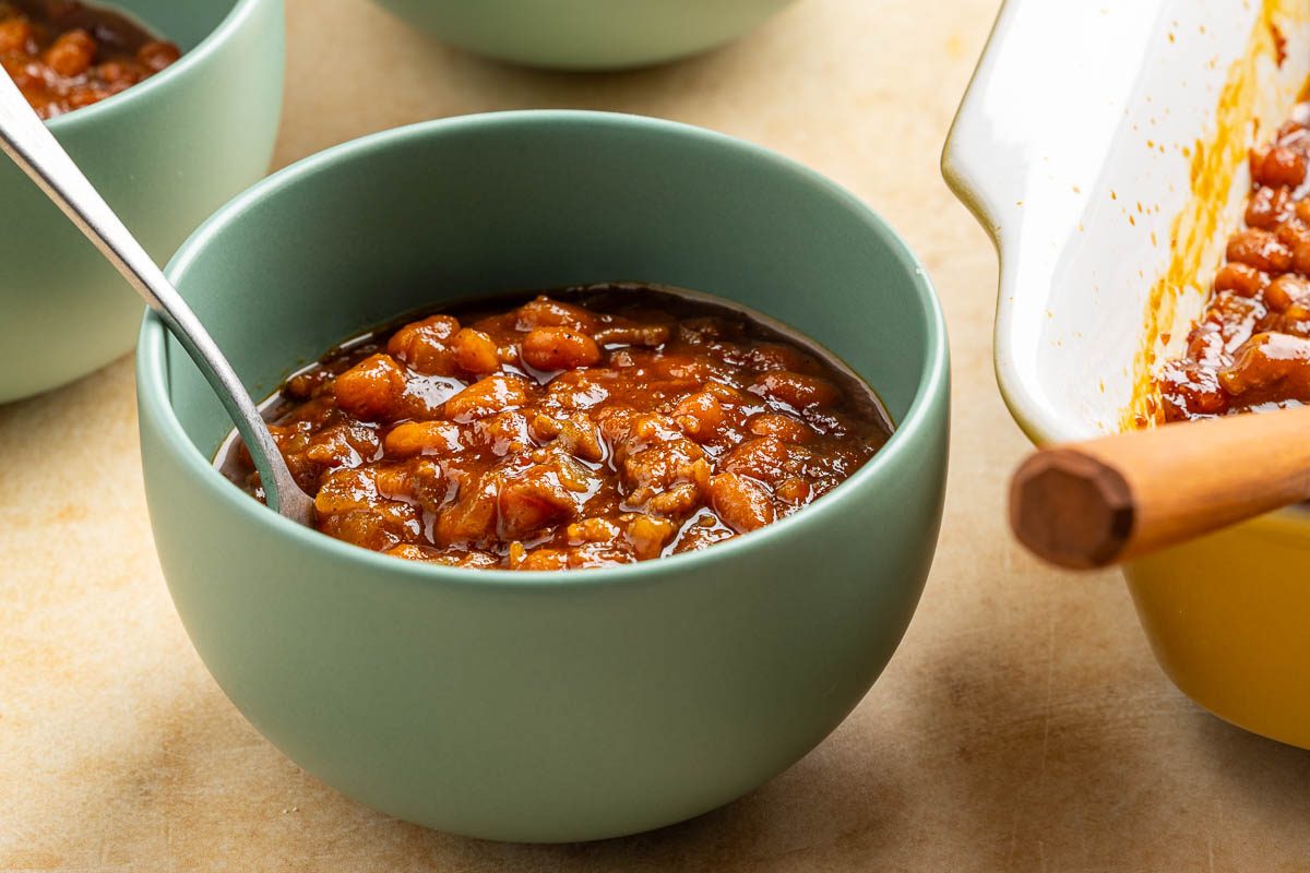 Taste of Home BBQ baked beans recipe photo of the bbq baked beans in a bowl.