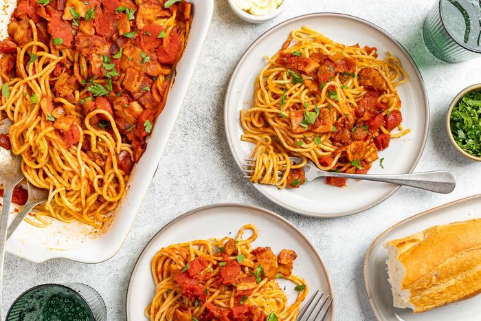 Taste of Home Bacon Pasta recipe photo of the finished recipe served on plates.