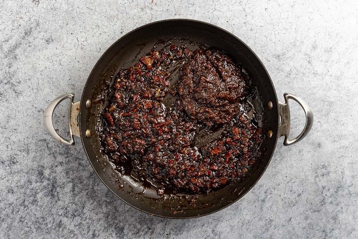 Taste of Home Bourbon Bacon Jam recipe photo of half of the bacon jam pureed.