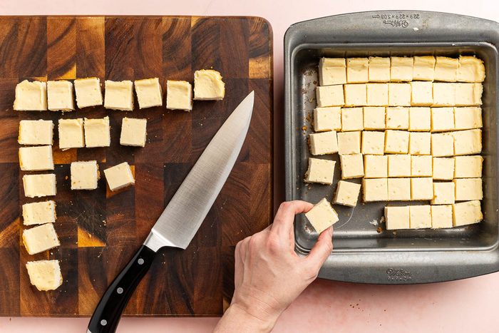 Taste of Home Cheesecake Bites recipe photo of the cheesecake cut into squares.