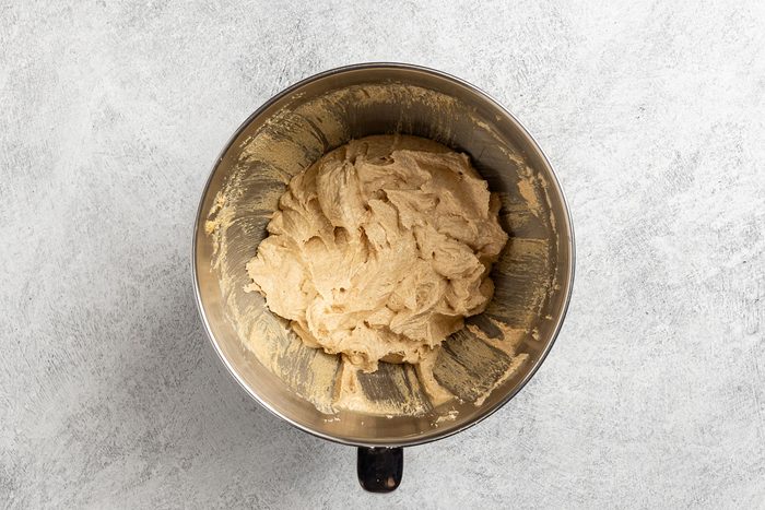 Taste of Home Chewy Peanut Butter Cookies recipe photo of creaming the peanut butter, shortening, sugars together.