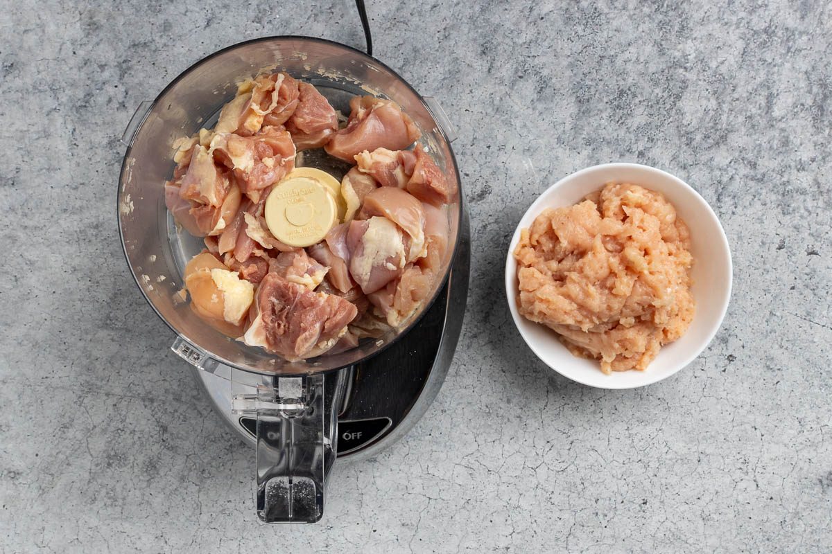 Taste of Home Chicken Loaf recipe photo of the chicken breast and thighs processed in a food processor.