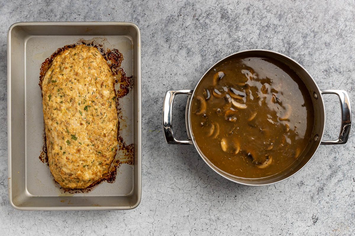 Taste of Home Chicken Loaf recipe photo of the cooked chicken loaf with the prepared mushroom sauce.