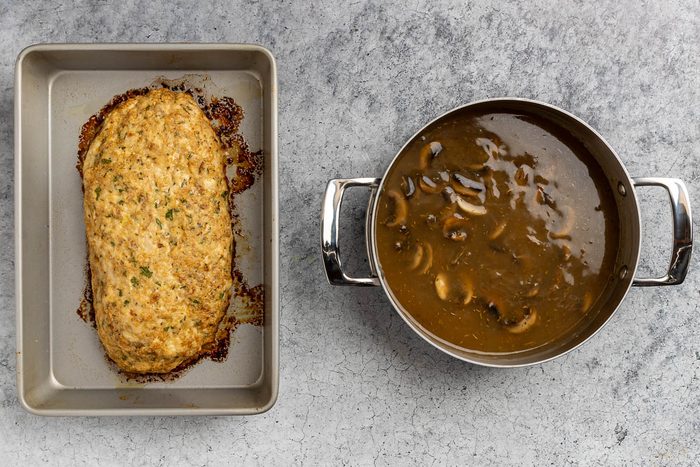 Taste of Home Chicken Loaf recipe photo of the cooked chicken loaf with the prepared mushroom sauce.