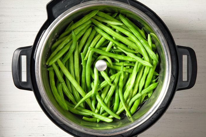 Top view shot of green beans in instant pot