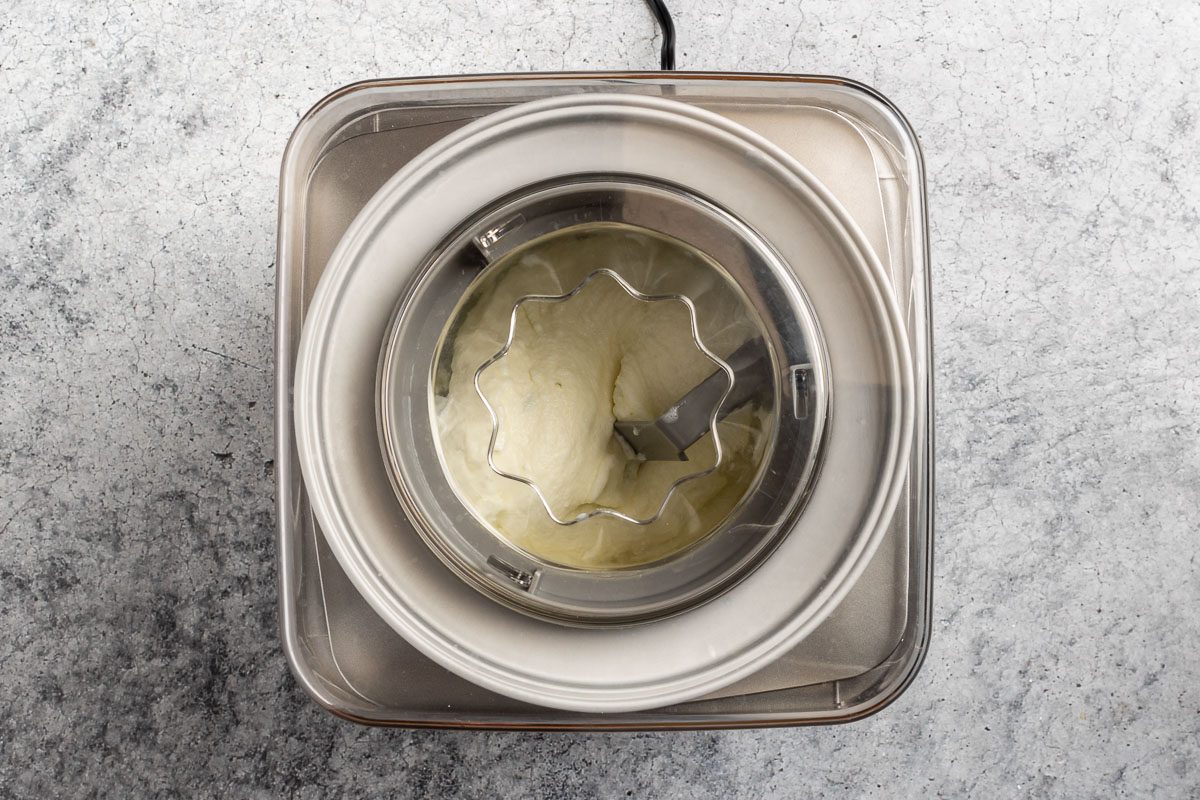 Taste of Home Lime Sherbet recipe photo of churning the sherbet in an ice cream maker.