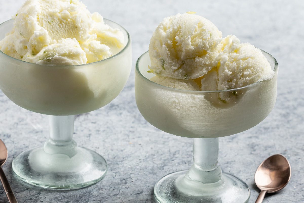 Taste of Home Lime Sherbet recipe photo of the finished sherbet scooped into small bowls.