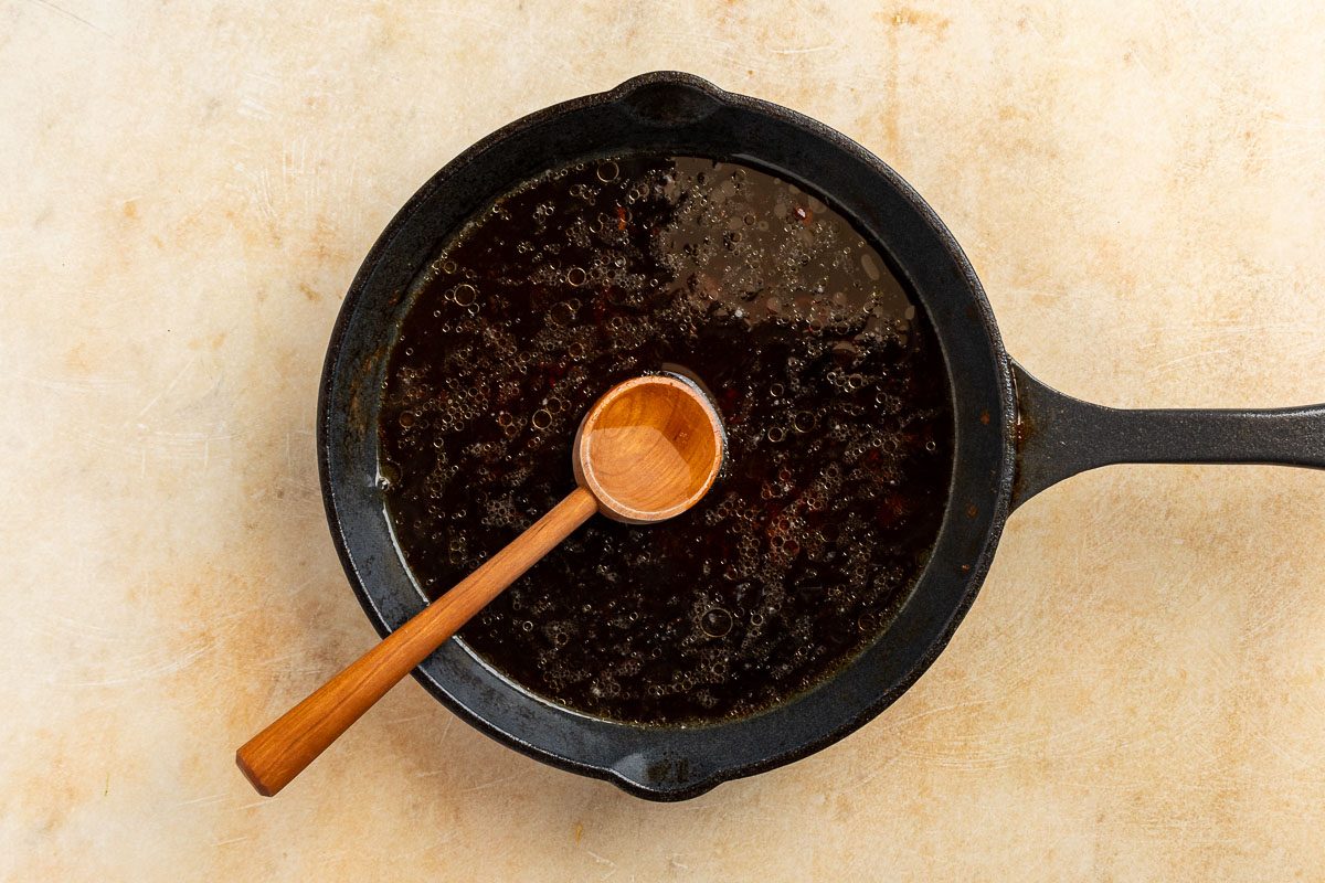 Taste of Home Red Eye Gravy recipe photo of the coffee added to the pan drippings.