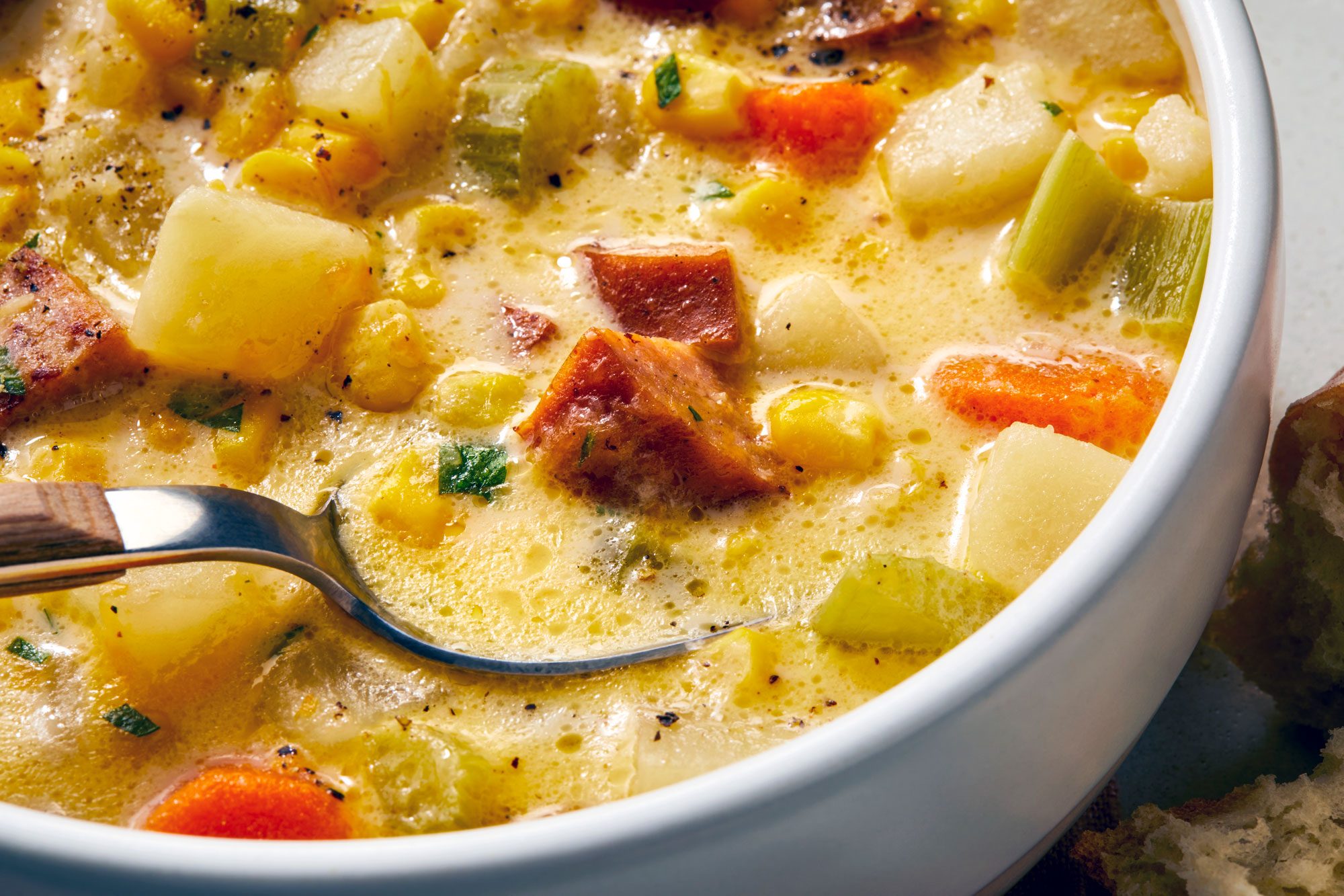Close shot of Sausage Potato Soup; in a large saucepan on wooden board with breads; spoon;