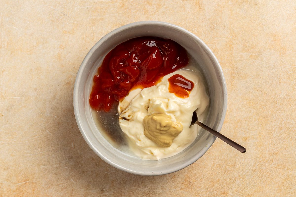 Taste of Home Shrimp Louie recipe photo of sauce preparation.