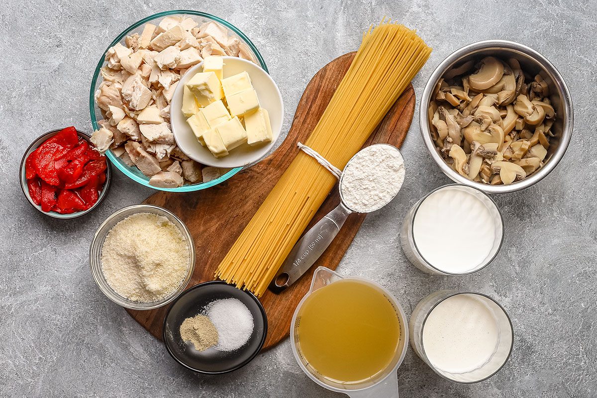 Ingredients for chicken tetrazzini, a family main dish casserole recipe from Taste of Home.