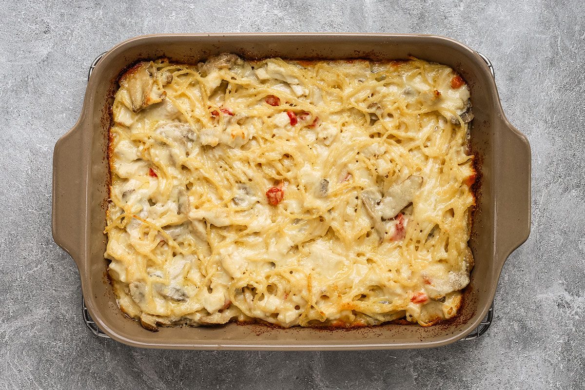 Baked Parmesan-topped chicken tetrazzini from Taste of Home.
