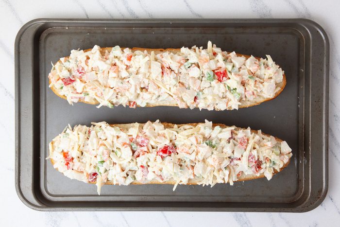 Step 2 of Taste of Home Crab Salad Sandwiches is to place on a baking sheet and broil for 5 inches for seven to eight minutes, or until lightly browned. Cut into 3-inch pieces