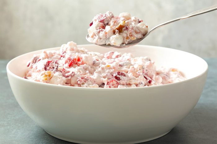 close shot of creamy cranberry salad