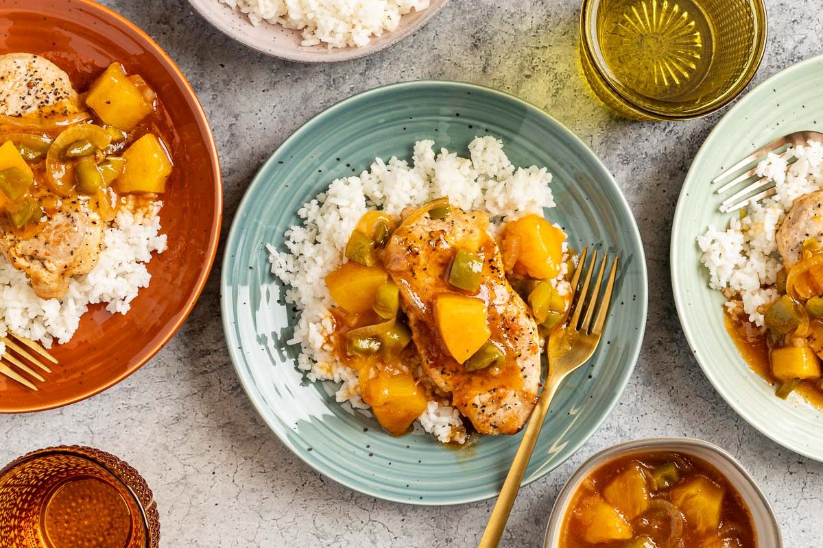 Taste of Home Hawaiian Pork Chops photo of the finished recipe served on plates.
