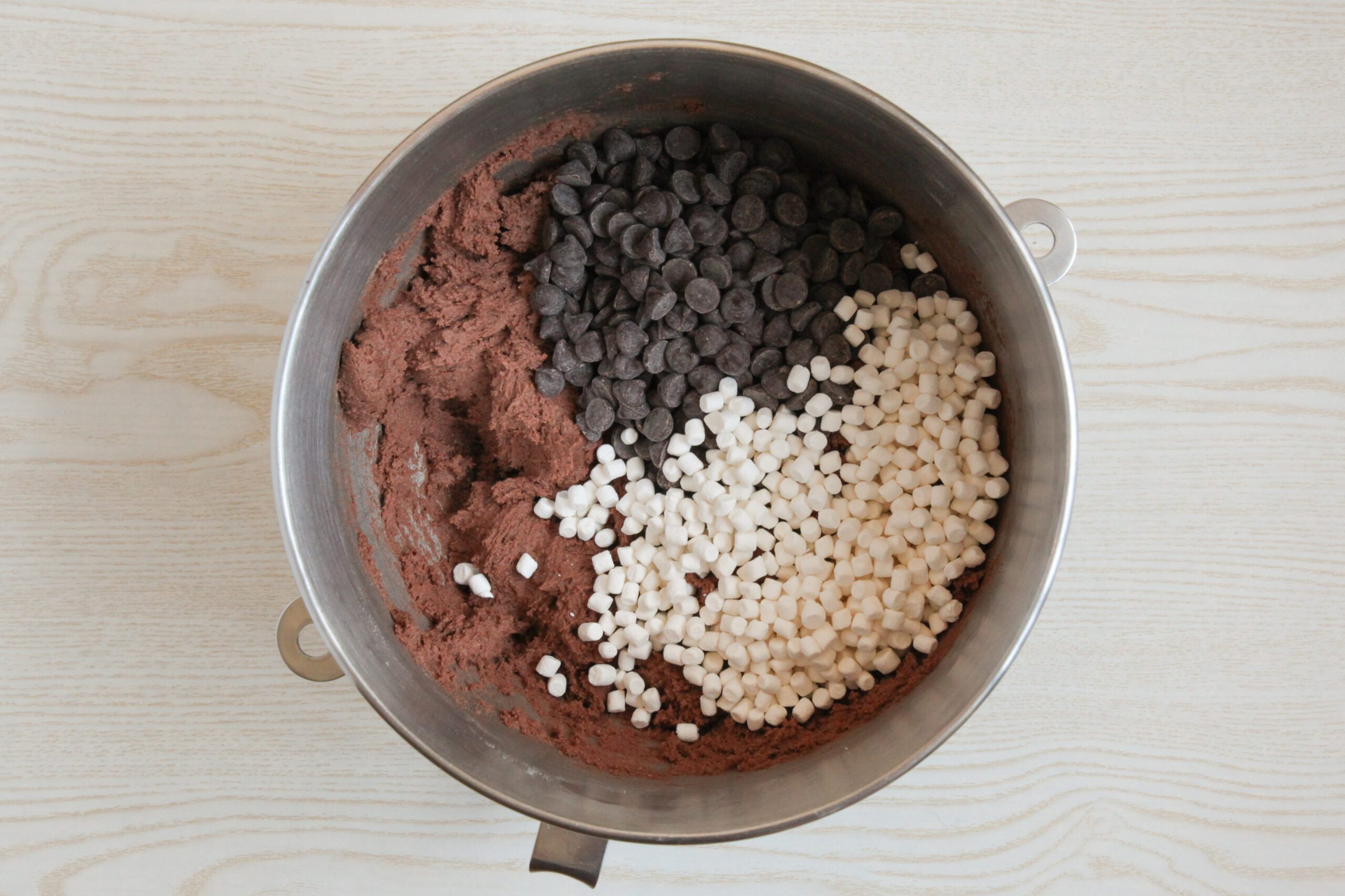 Adding minimarshmallows and chocolate chips to cookie dough