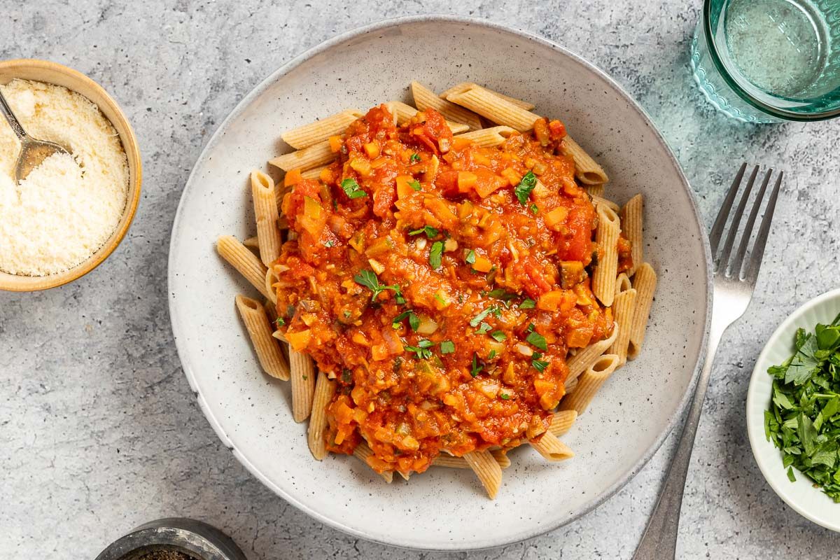 Taste of Home Mushroom Bolognese recipe photo of the finished recipe served in a pasta bowl.