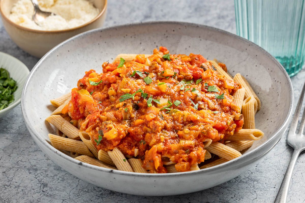 Taste of Home Mushroom Bolognese recipe photo of the finished recipe served in a pasta bowl.
