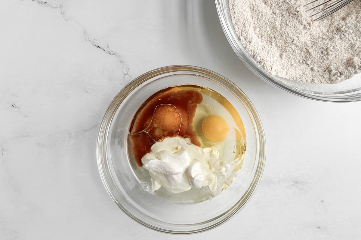 Ingredients for Taste of Home Peach Bread in glass bowls