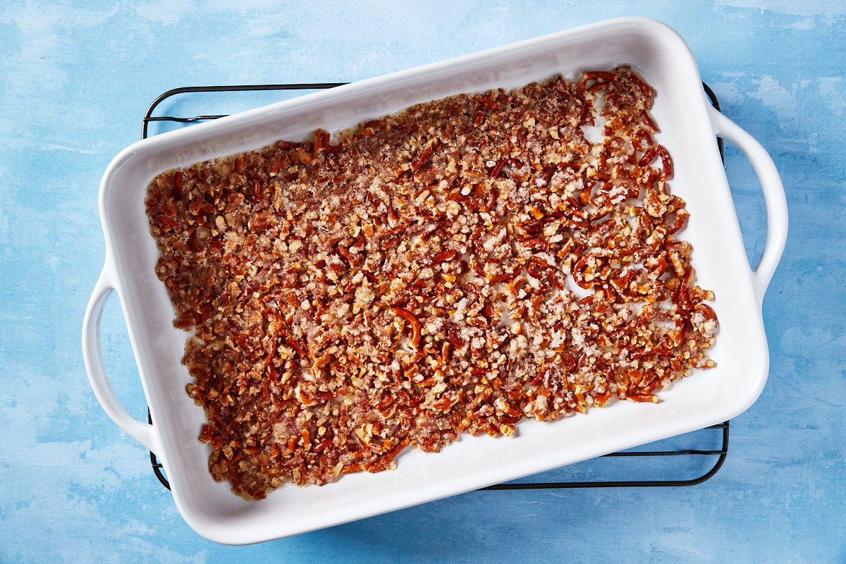 Pineapple Fluff Step 1- baked pretzel topping