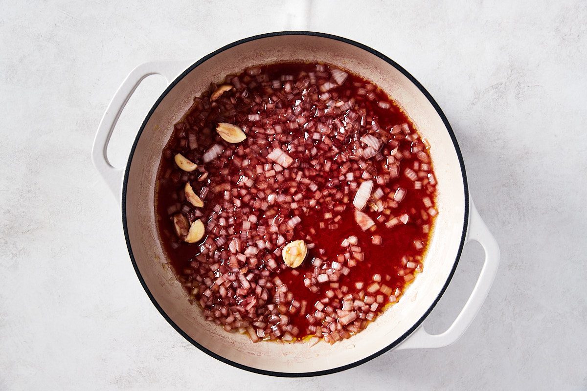 Red Wine Pasta Step 1- onions, garlic, red wine in skillet