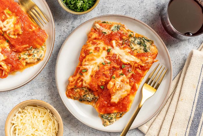 Taste of Home Spinach Manicotti recipe photo of the finished recipe portioned onto plates.