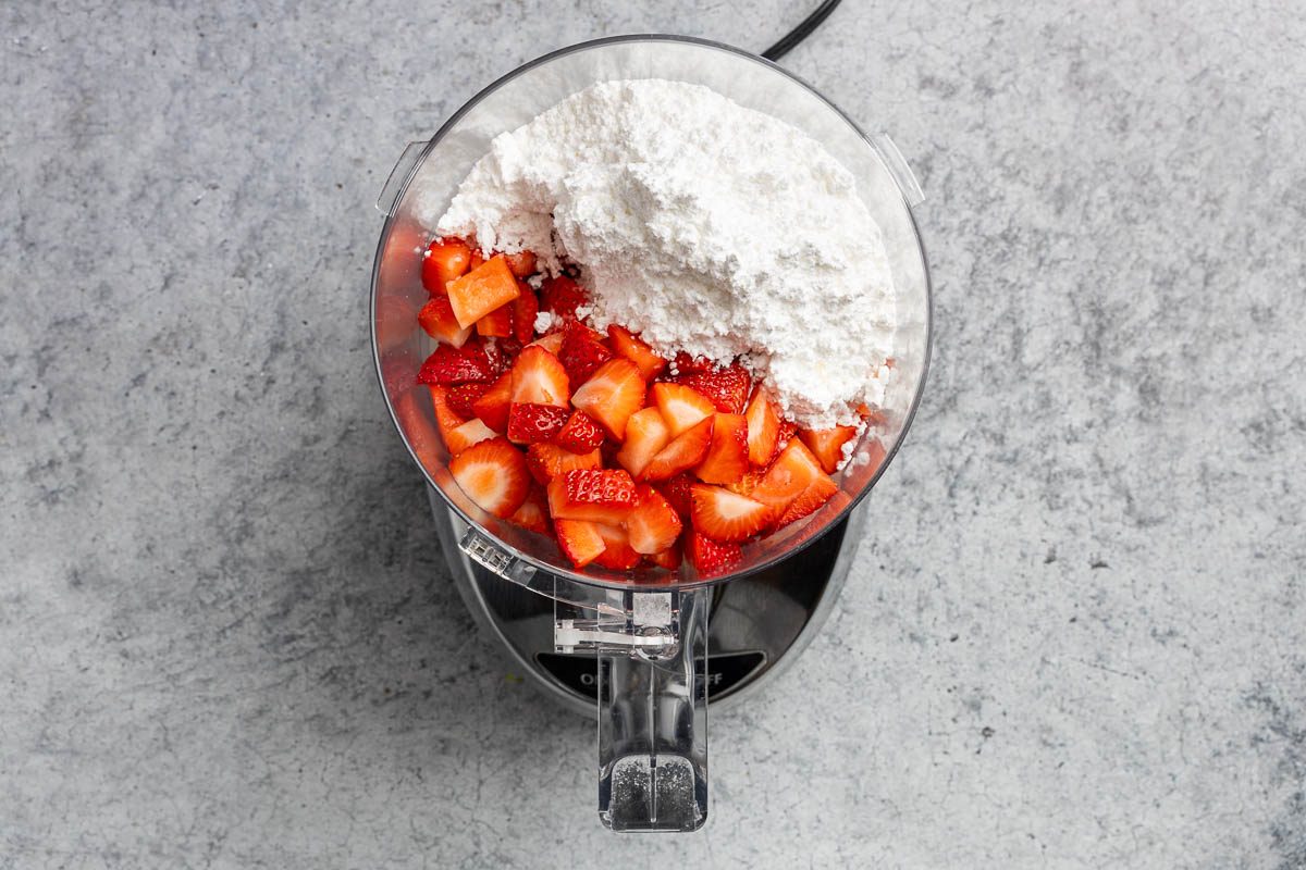 Taste of Home Strawberry Sorbet recipe photo of ingredients in a blender.