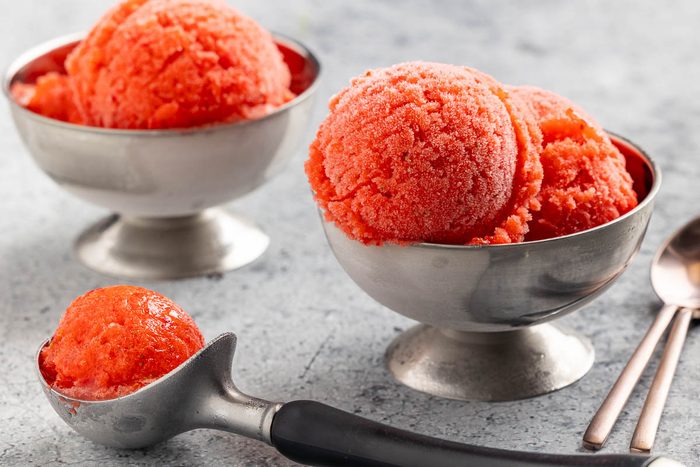 Taste of Home Strawberry Sorbet recipe photo of finished sorbet in sorbet cups.