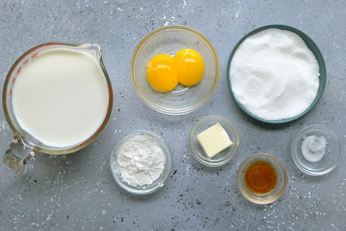 Milk, sugar, cornstarch, egg yolks, vanilla extract and butter.