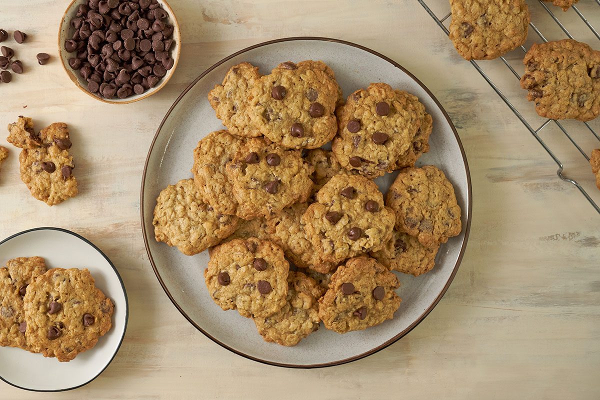 Overhead hero shot of the finished Taste of Home Air Fryer Oatmeal Cookies, golden brown and crispy, served on a plate.