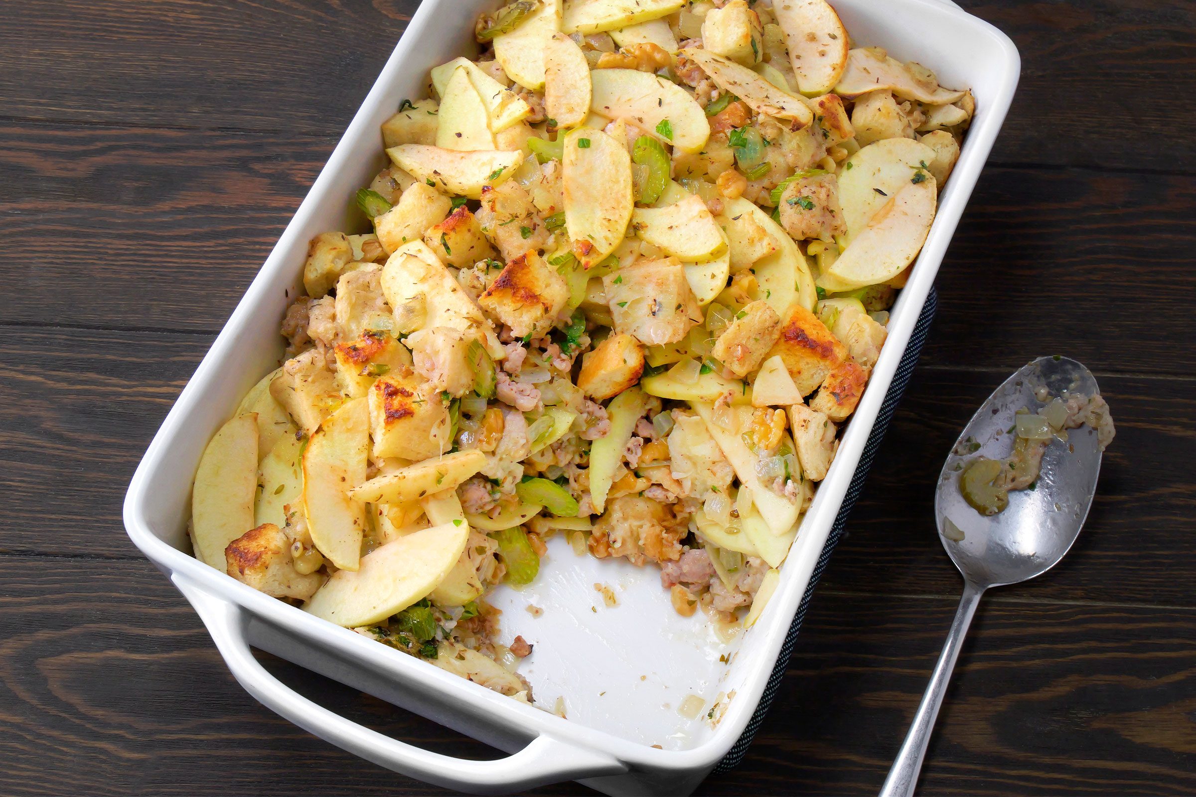 Apple Sausage Stuffing in a baking dish 