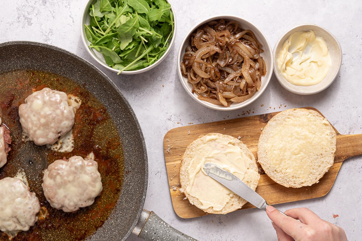 Patties, Arugula, Caramelized Onion, Sesame Burgers And Mayo
