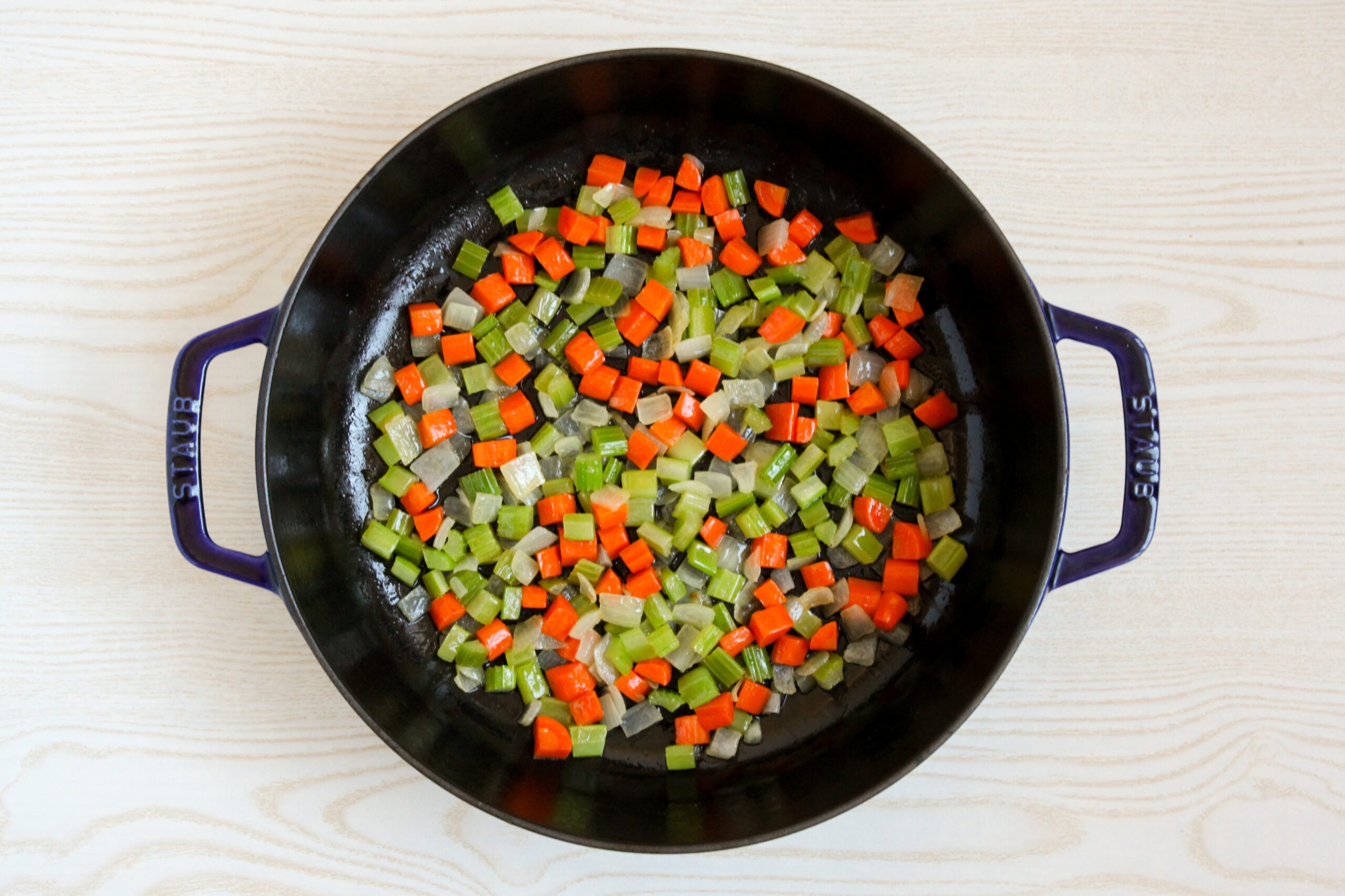 Sautéeing mirepoix for Buffalo Chicken Soup
