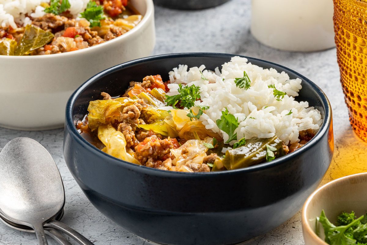 Cabbage Roll Soup in bowls with rice