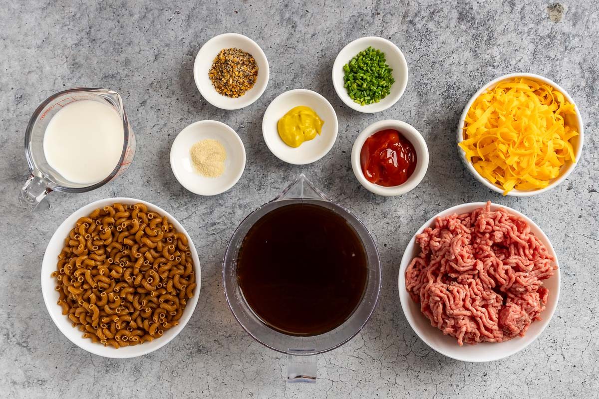 Taste of Home Cheeseburger Macaroni photo of the ingredients.