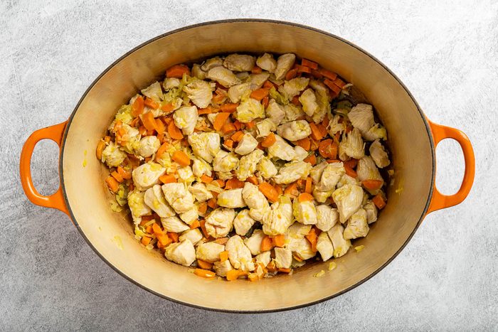 Taste of Home Chicken Lentil Soup photo of the sauteed veggies and chicken.