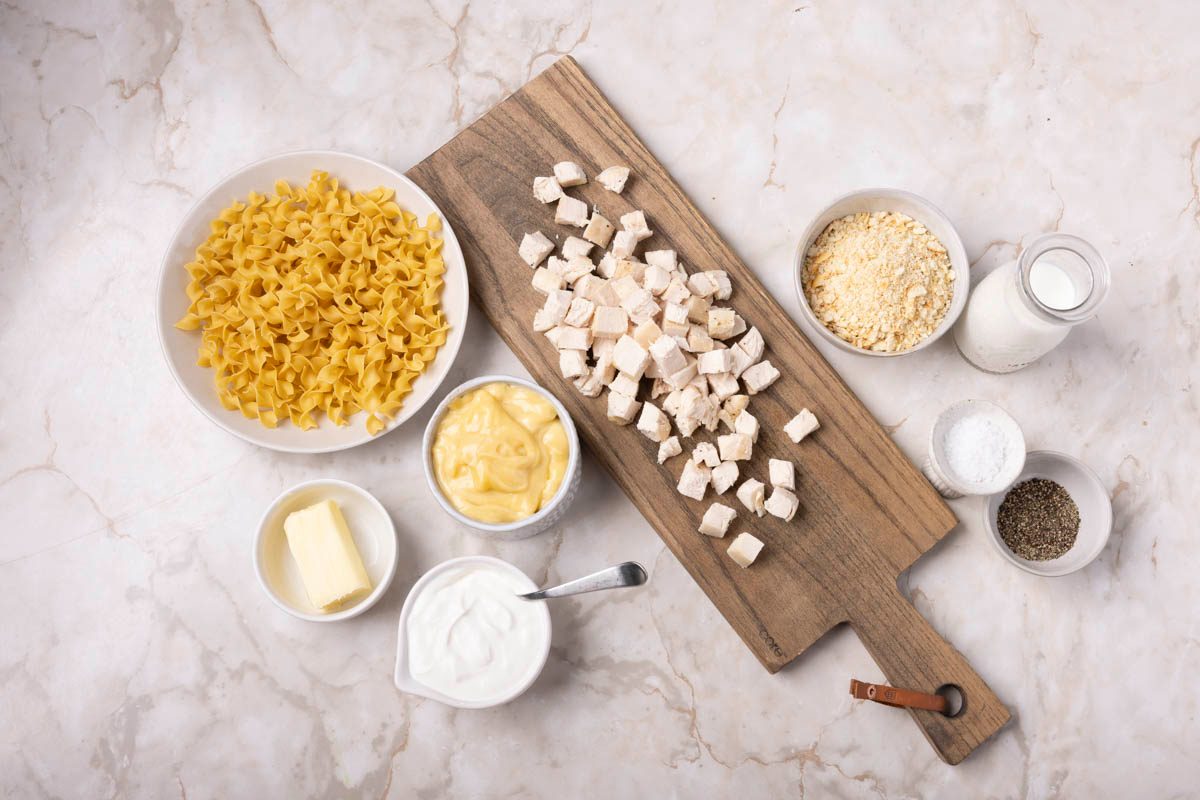 Ingredients for Chicken Noodle Casserole overhead on marble