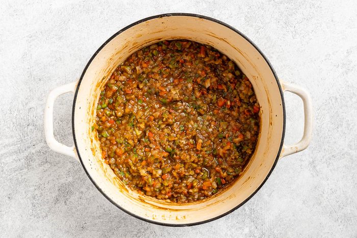 Taste of Home Chicken and Andouille Gumbo photo of the roux with sauteed veggies.