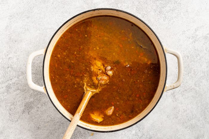 Taste of Home Chicken and Andouille Gumbo photo of the simmered soup.
