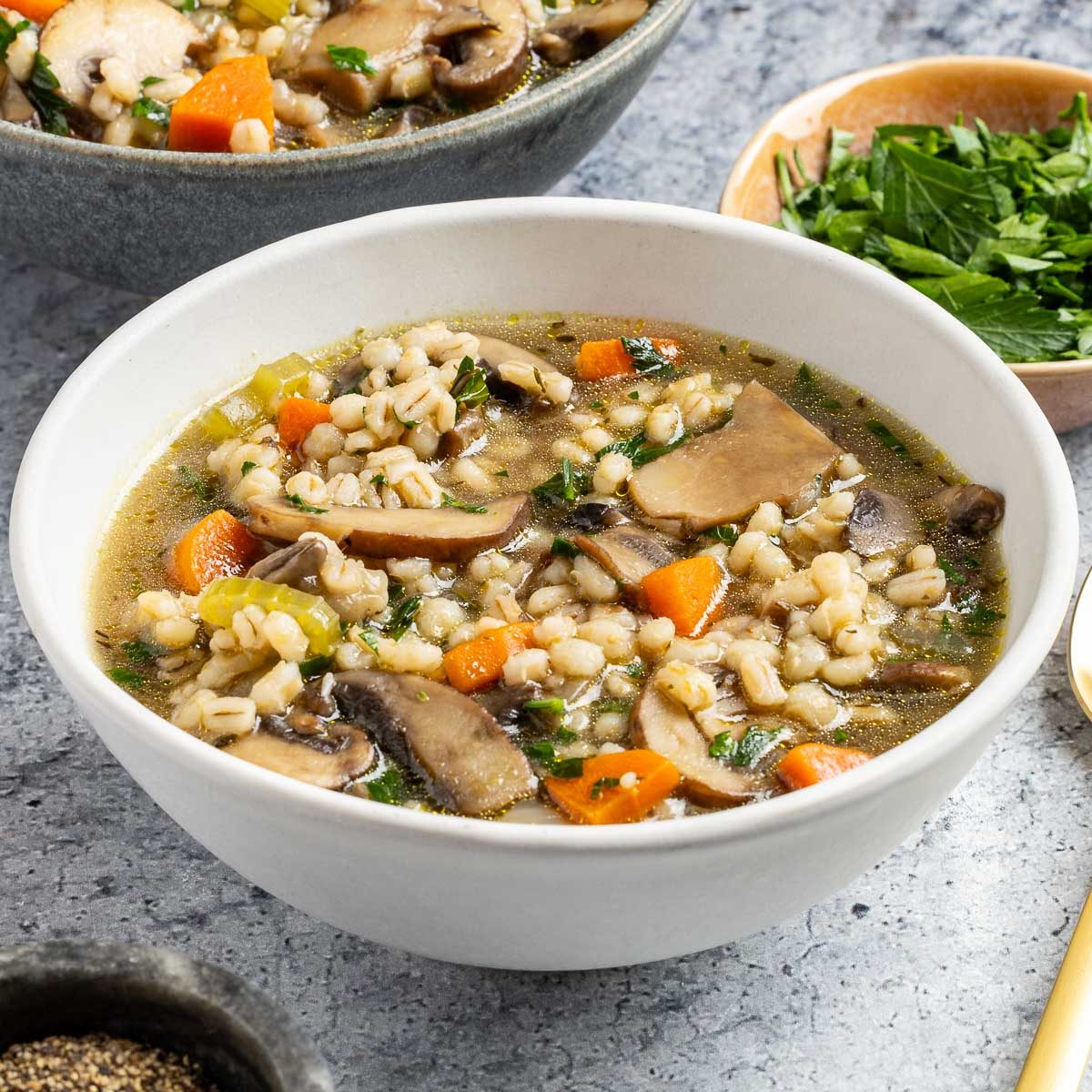 Taste of Home Mushroom Barley Soup recipe photo of the finished recipe served in bowls.