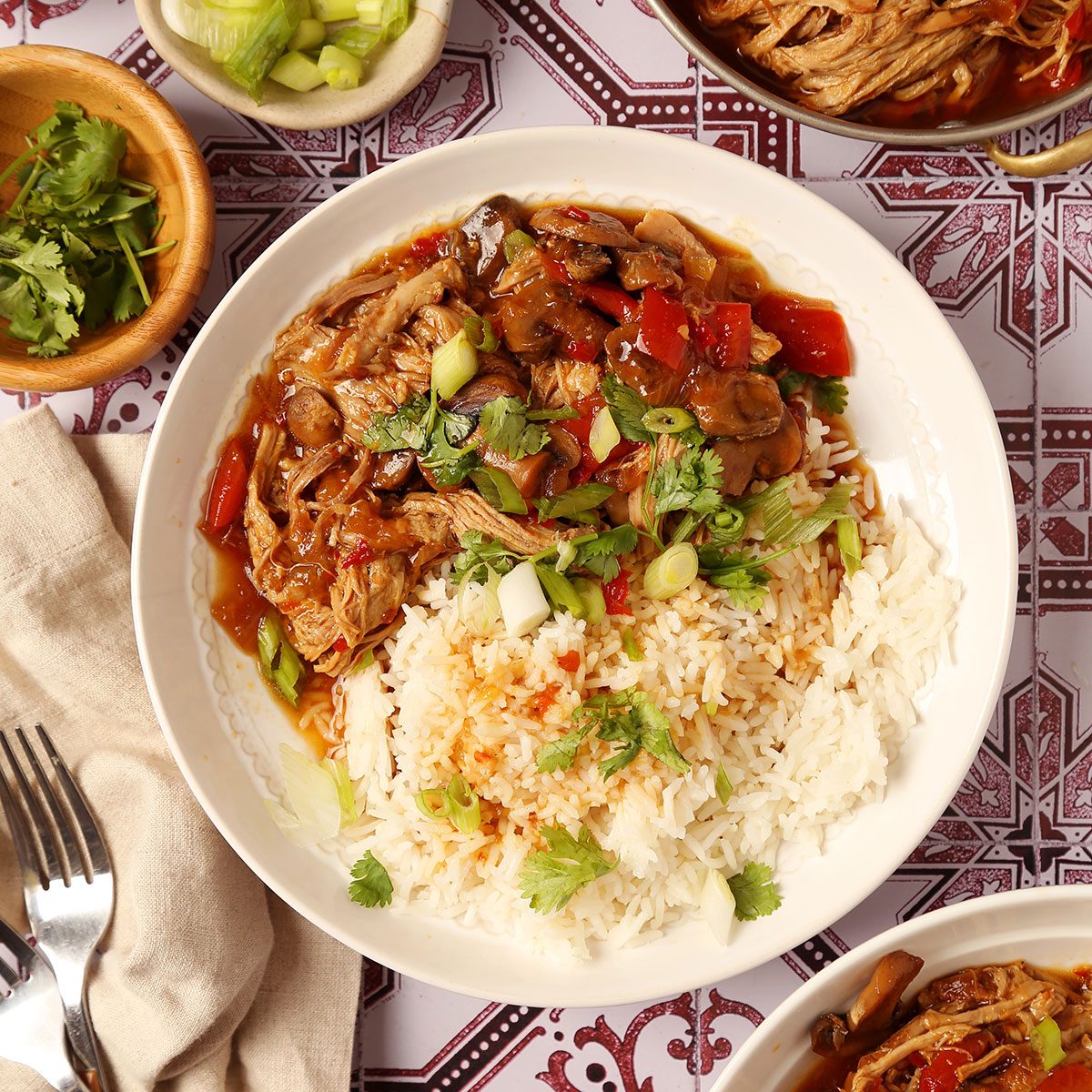 Close up of Taste of Home's Pork Bowl served with white rice in a white serving bowl on a white and red tiled surface.