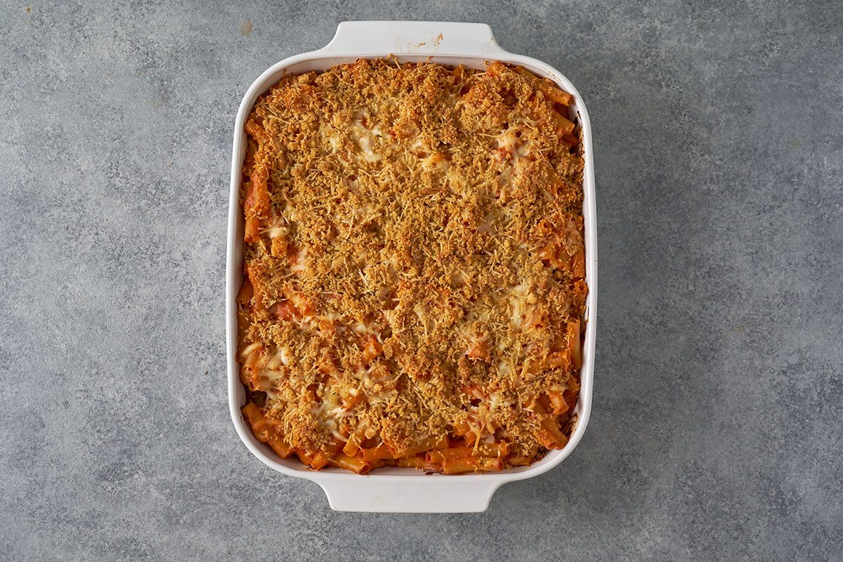 Bake the Five-Cheese Ziti until bubbly and golden brown, then garnish with fresh parsley or basil before serving.