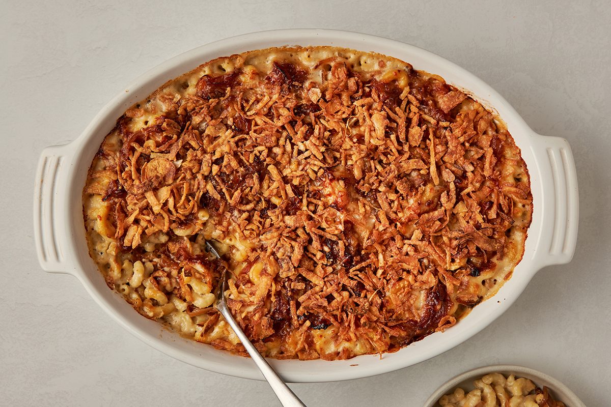 French onion mac and cheese by Taste of Home is surprisingly complex and rich in flavor thanks to all the cheese, the onions and more.