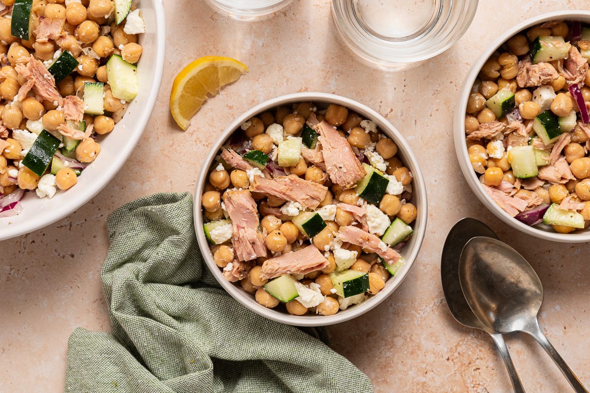 Greek Tuna Salad Mixed Inside Serving Bowl With Lemon