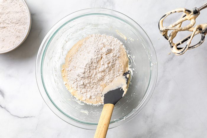 Heated milk. water and butter mixed with flour mixture for step two of Homemade Breadsticks for Taste of Home
