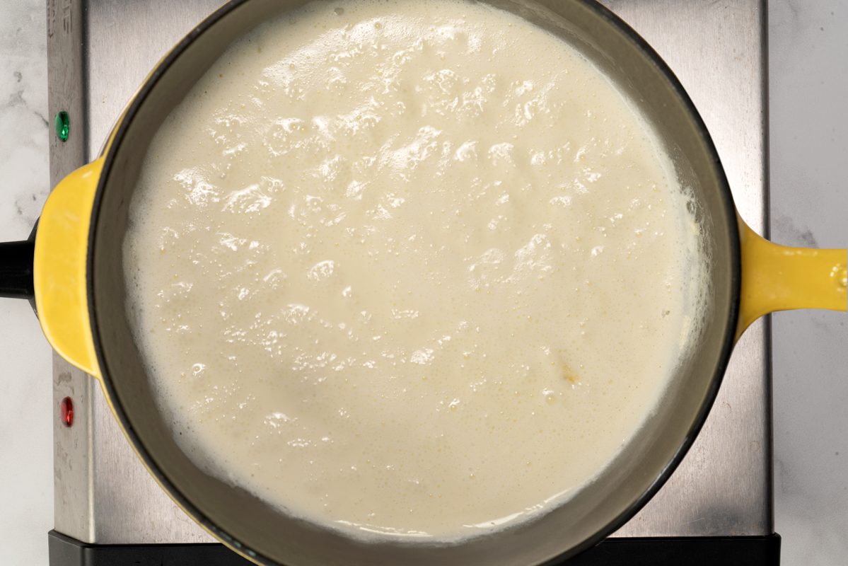 Heating the creme for the Lemon Creme Brulée