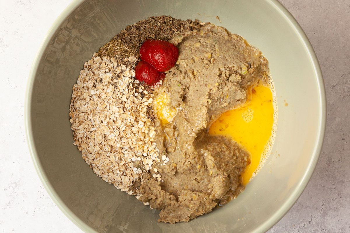 Step 4 of Taste of Home Lentil Meatballs is to combined the lentil mixture with the rest of the meatball ingredients