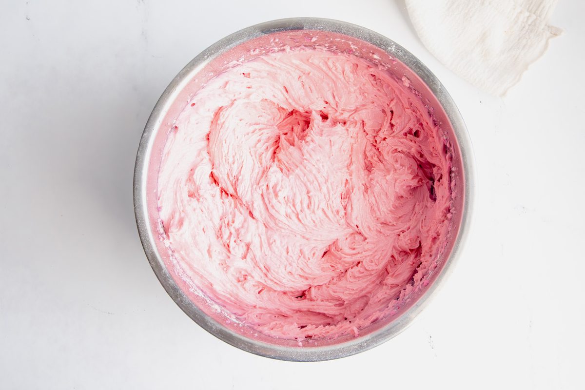 Overhead shot for Taste of Home Pink Cupcakes, wet and dry ingredients mixed together.